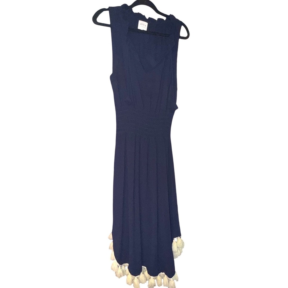 MISA Los Angeles Athena Navy Blue Tassel Trim Smocked Midi Dress